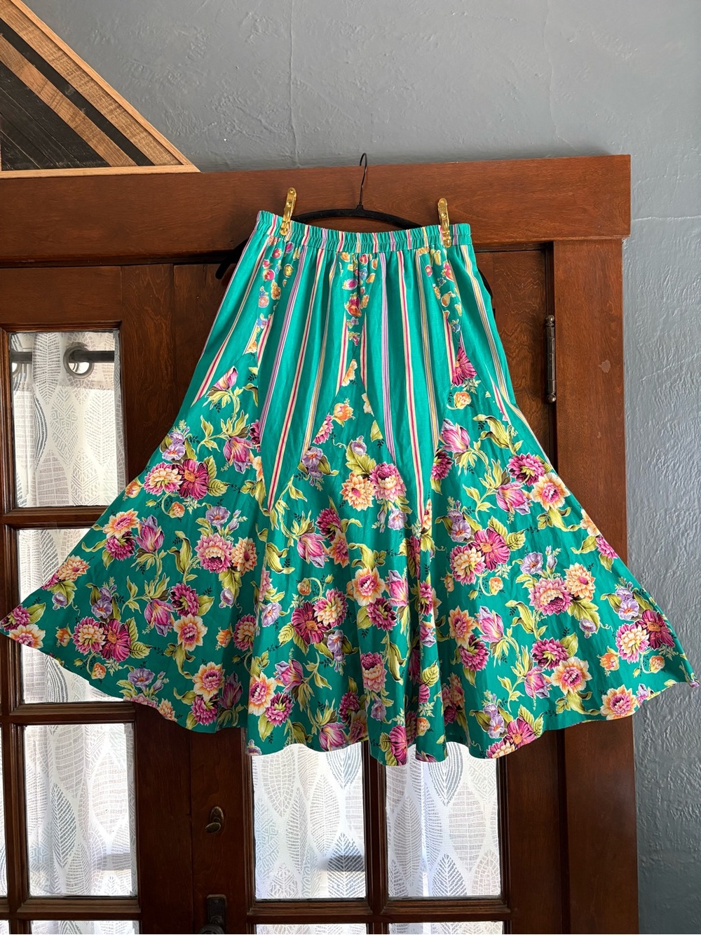 VTG Howard Wolf Vivid Green Floral Stripe Midi Skirt Boho Cottagecore S/M